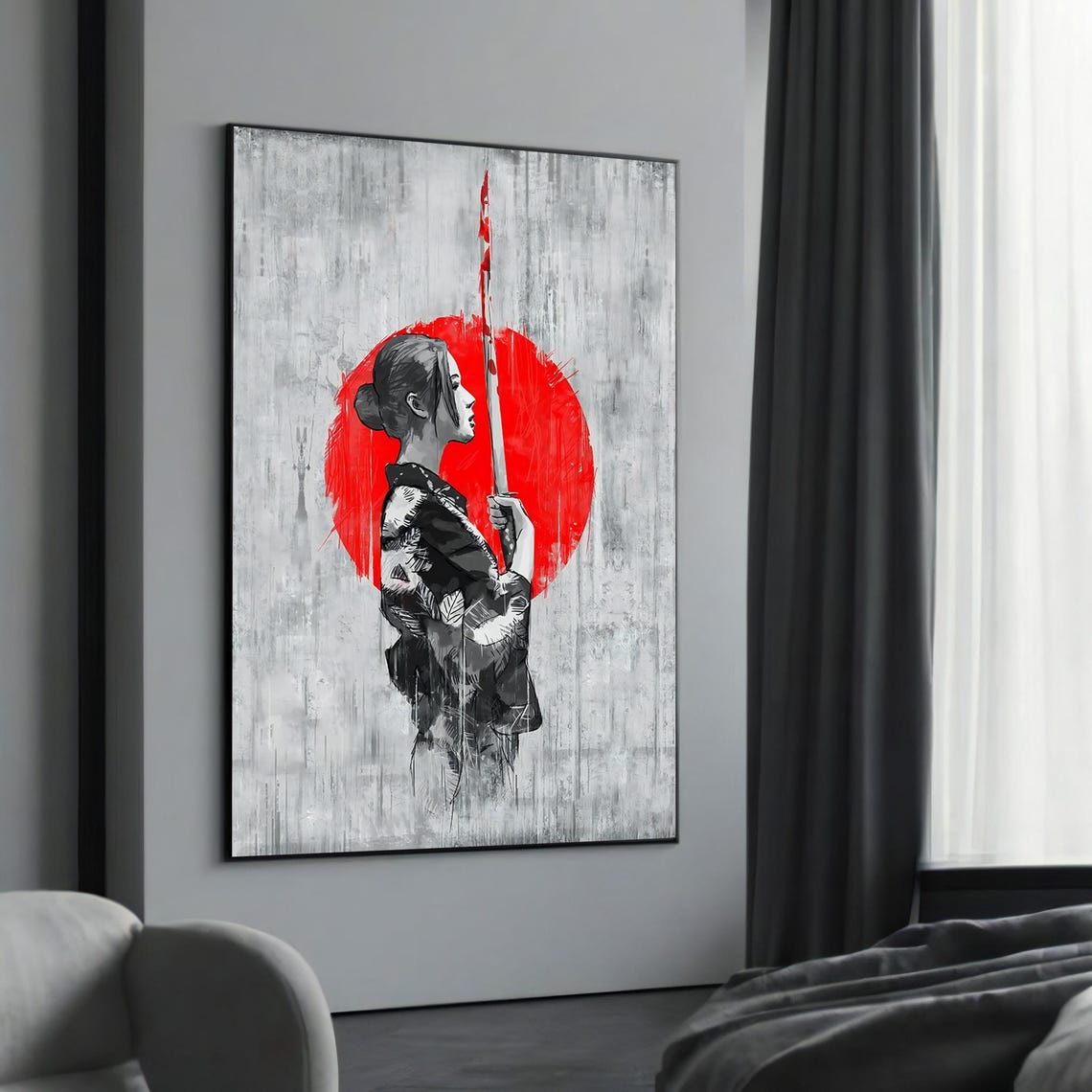 Samurai Ethnic Woman In Kimono With Sword Striking Red And Gray Canvas Painting Elegant Modern Gift For Wall Decor