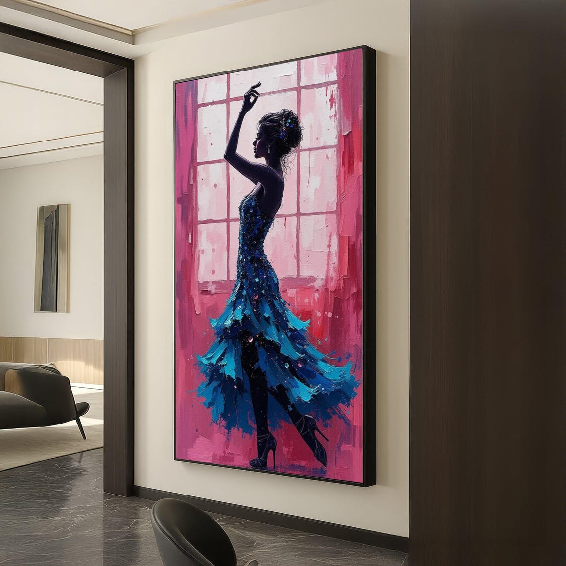 Dancer In Blue Sequin Dress Pink Window Silhouette Art Poster