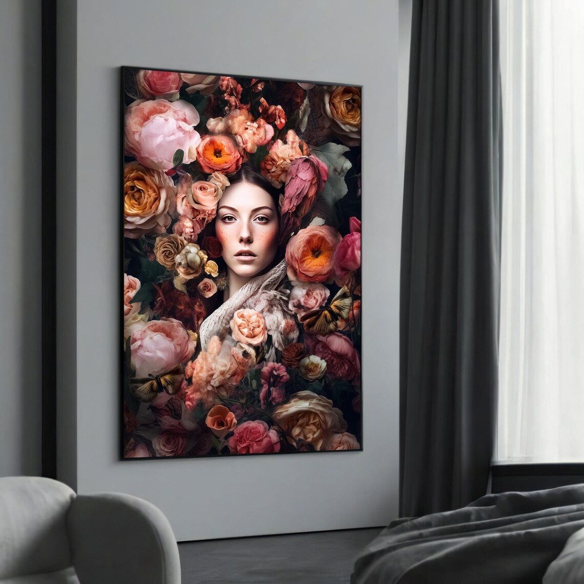 Floral Woman Portrait Art Print Romantic Roses and Peonies Wall Decor