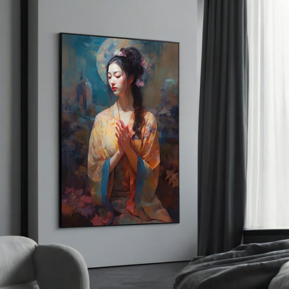 Elegant Asian Woman In Golden Floral Kimono Under Moonlight Poster