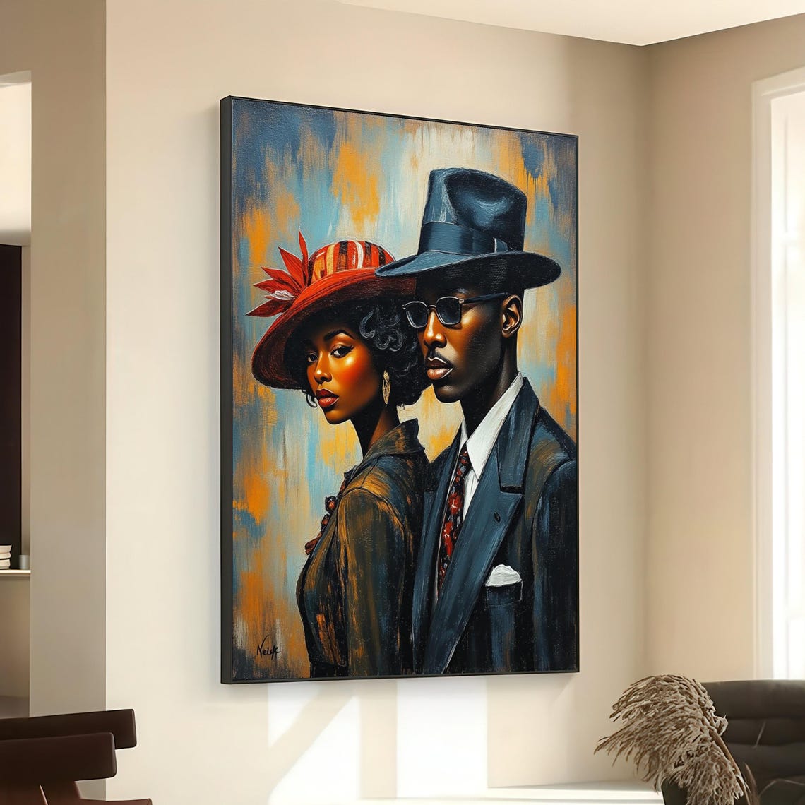 Elegant Vintage Couple Portrait Canvas Retro Fashion Wall Art Stylish Afroamerican Man And Woman Classic Hat Suit Painting Home