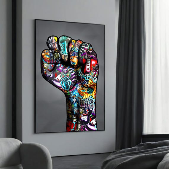 Vibrant Fist Of Power Graffiti Canvas Painting A Bold And Colorful Street Art Gift For Urban Decor Activisminspired Lovers