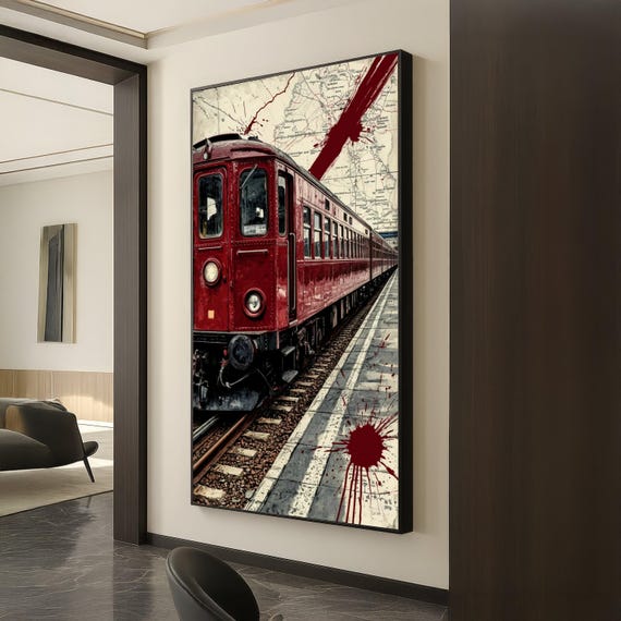 Vintage Red Train Canvas Wall Art Retro Locomotive Illustration Travel Nostalgia Decor Urban Station Scene Railway Print Home