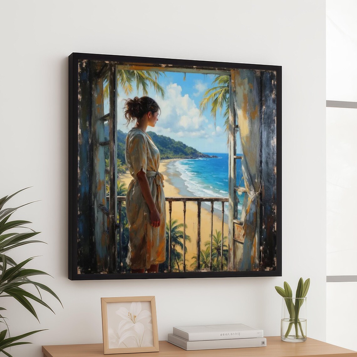 Woman In Dress On Balcony Overlooking Tropical Beach Wall Art