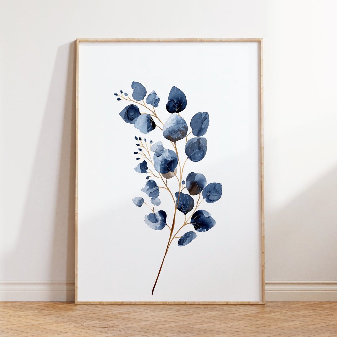Blue Eucalyptus Watercolor Stem Minimalist Botanical Art Poster