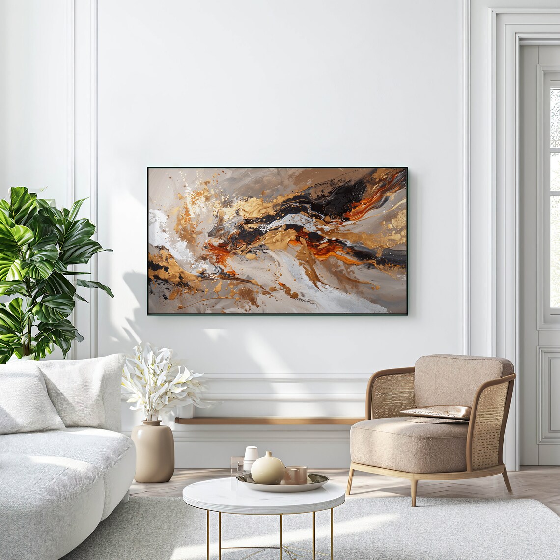 Beige Gold Gray Splash Oil Painting 16x9 Frame TV Screensaver Print - Image 2