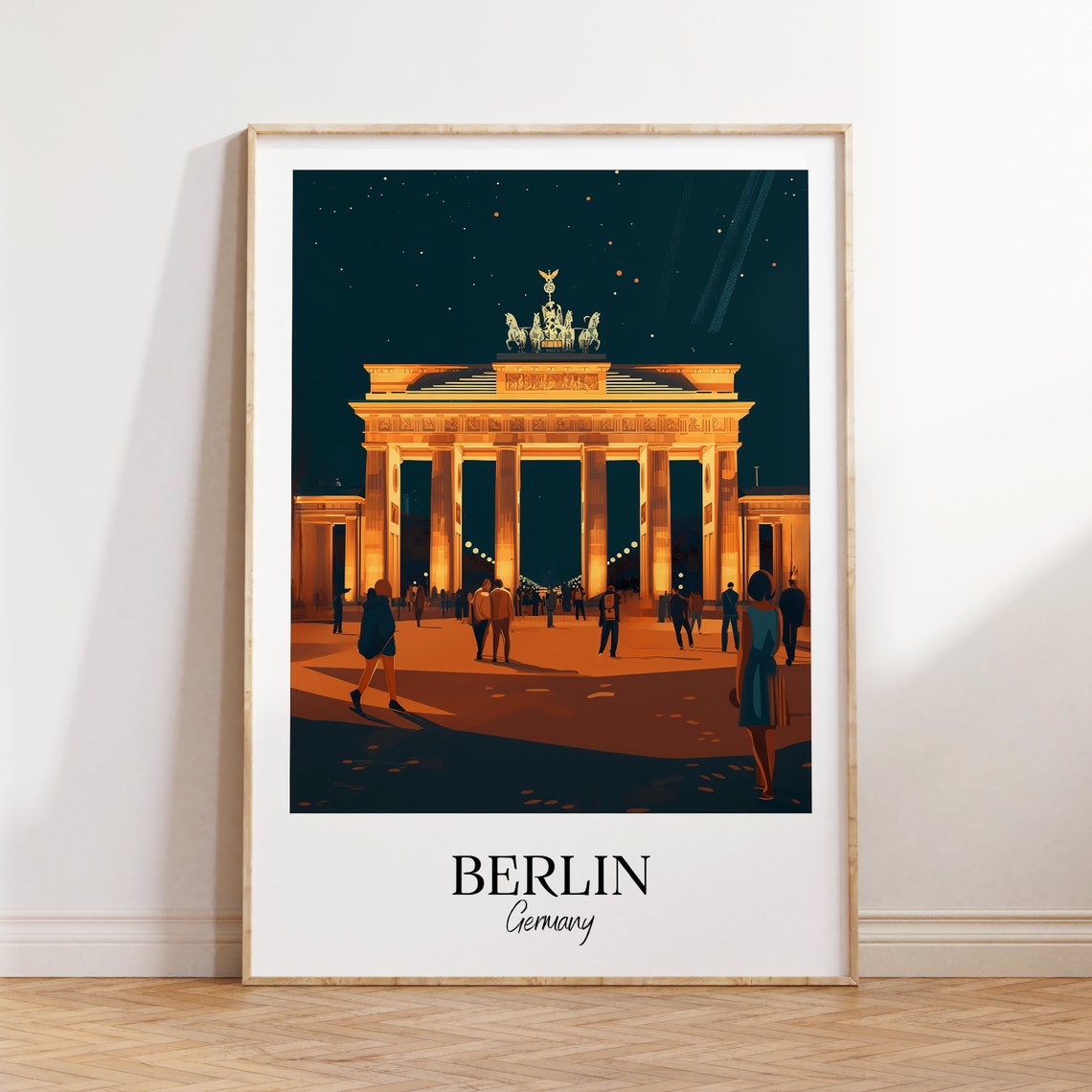 Berlin Germany Brandenburg Gate Night Vintage Travel Art Poster