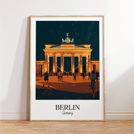 Berlin Germany Brandenburg Gate Night Vintage Travel Art Poster
