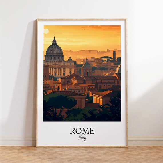 Rome Italy Saint Peters Basilica Dome Sunset Skyline Travel Poster