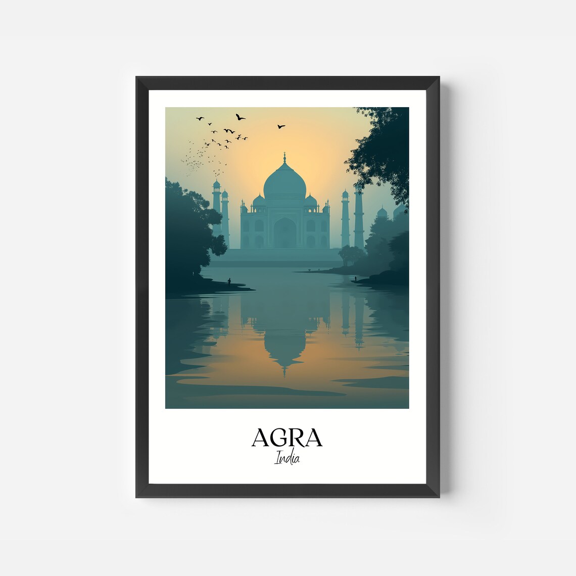 Agra India Taj Mahal Sunrise River Reflection Serene Mist Poster - Image 2