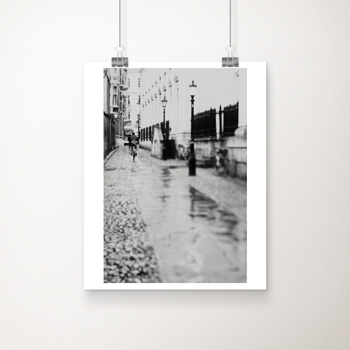 Cambridge England Black and White Rainy Street Bicycle Poster