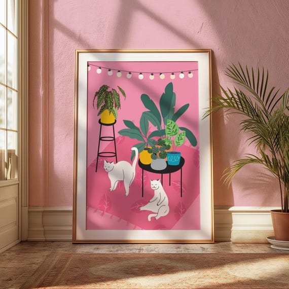 Cat and Plant Poster, Modern Home Decor