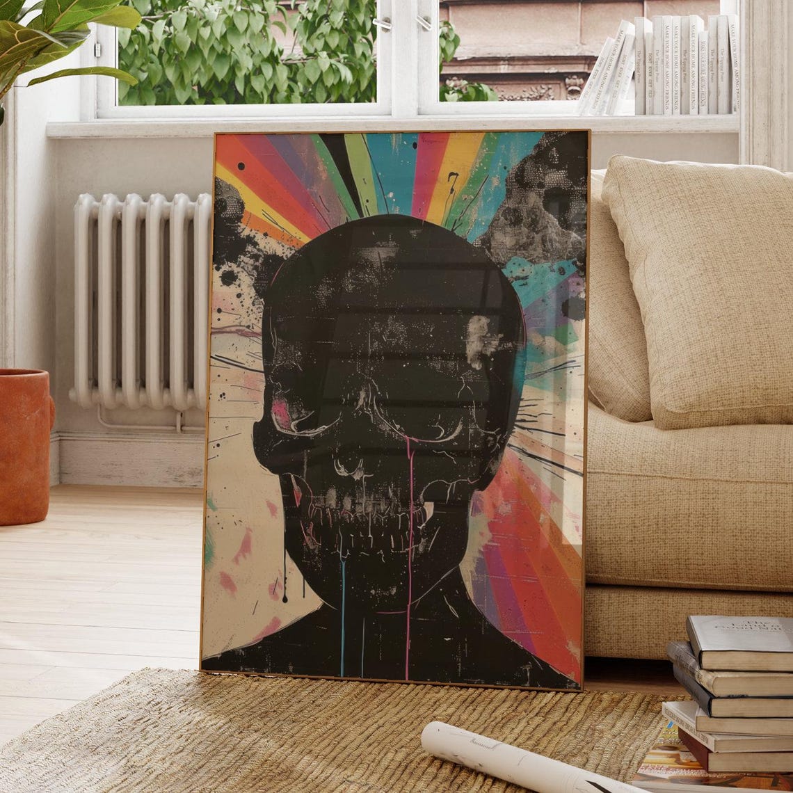 Trippy Skull Art Colorful Rays Graffiti Splatter Alternative Poster