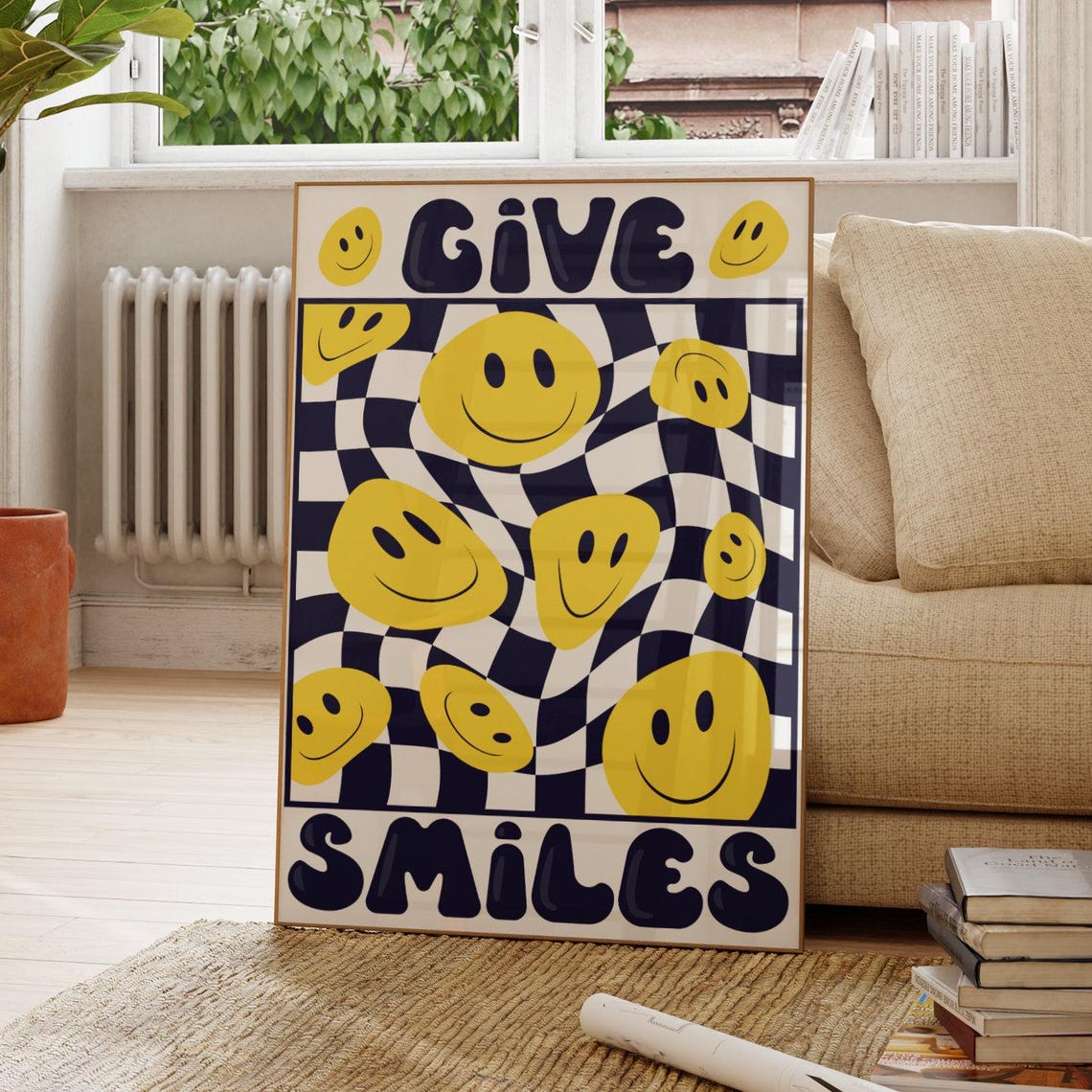 Give Smiles Groovy Smiley Face Checkerboard Positive Quote Poster