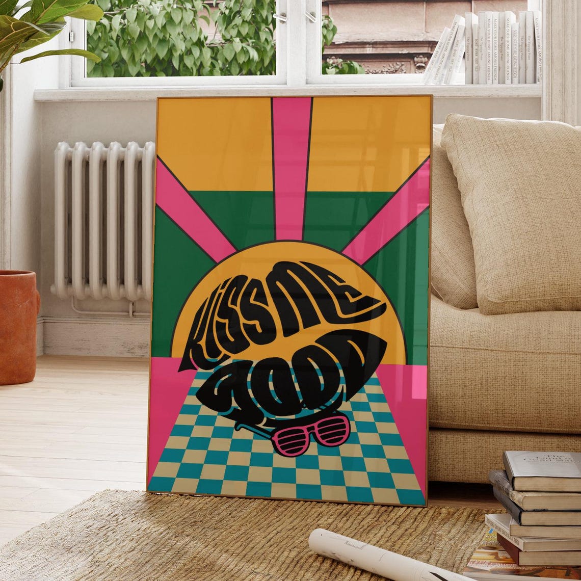 Kiss Me Good Retro Pop Art Sunglasses Checkerboard Sun Poster