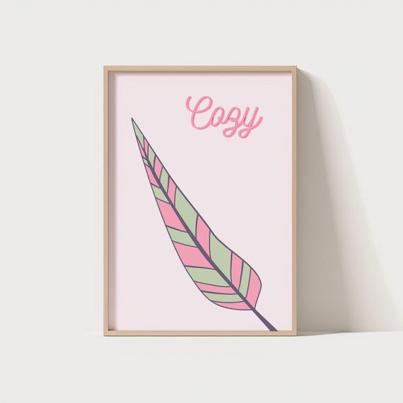Cozy Pastel Feather Wall Art Pink Green Decor For Bedroom Nursery Office Soft Minimalist Poster