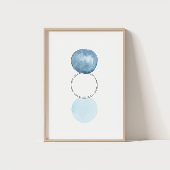 Modern Blue Abstract Wall Art Minimalist Watercolor Circle Print Neutral Geometric Poster Scandinavian Decor