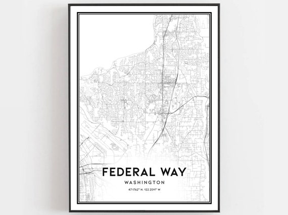 Federal Way Map Print Poster Wall Art Wa City Washington Street Decor Road Gift B884