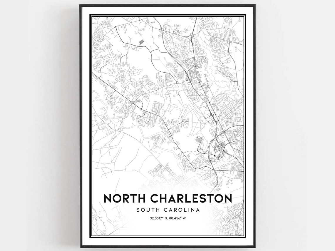 North Charleston South Carolina Minimalist Black and White Street Map Poster