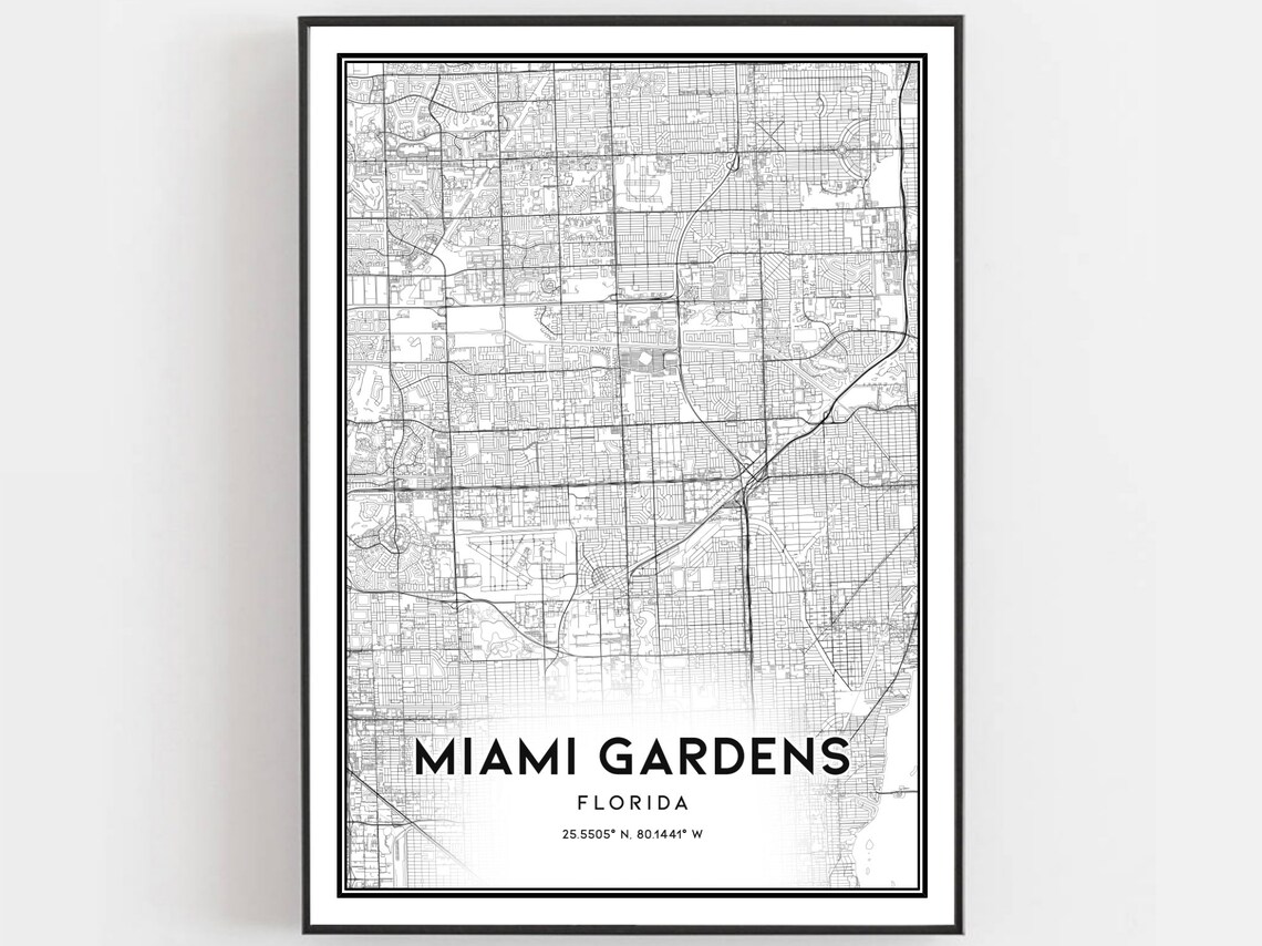 Miami Gardens Map Poster, Florida Street Decor