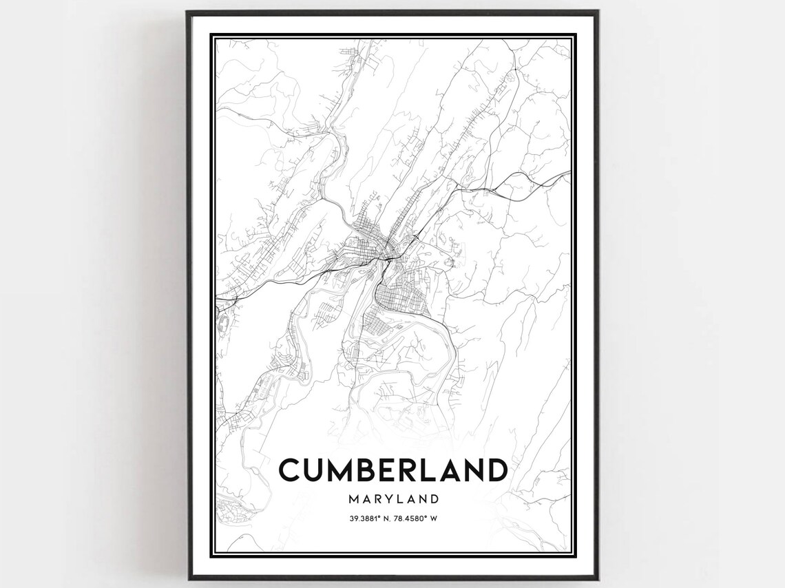 Cumberland Maryland Minimalist Black and White Street Map Poster