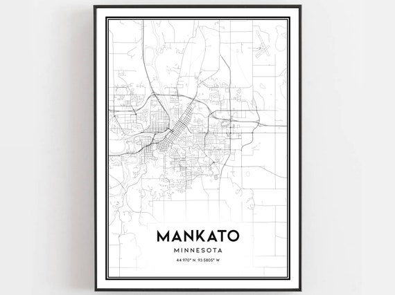 Mankato Map Print Poster Wall Art Mn City Minnesota Street Decor Road Gift B1222