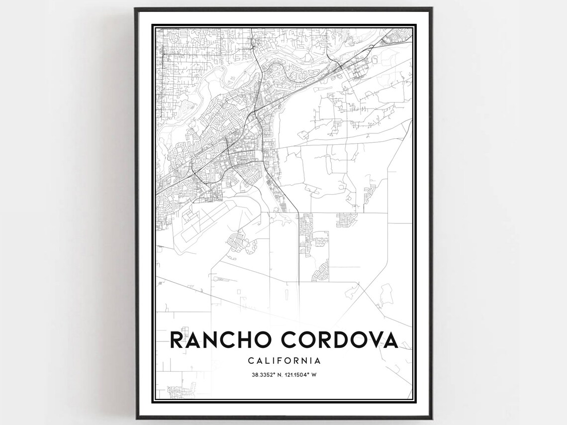 Rancho Cordova California Minimalist Black White Street Map Poster