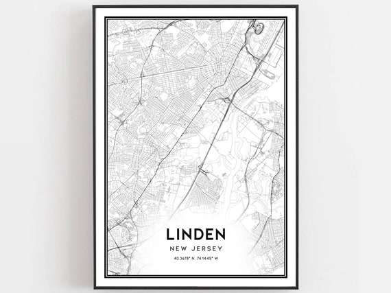 Linden Map Print Poster Wall Art Nj City New Jersey Street Decor Road Gift B1546