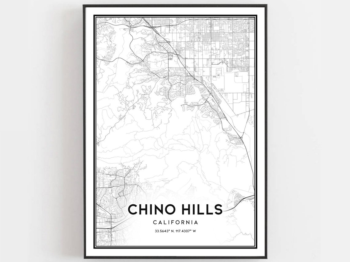 Chino Hills California Minimalist Black White Street Map Poster