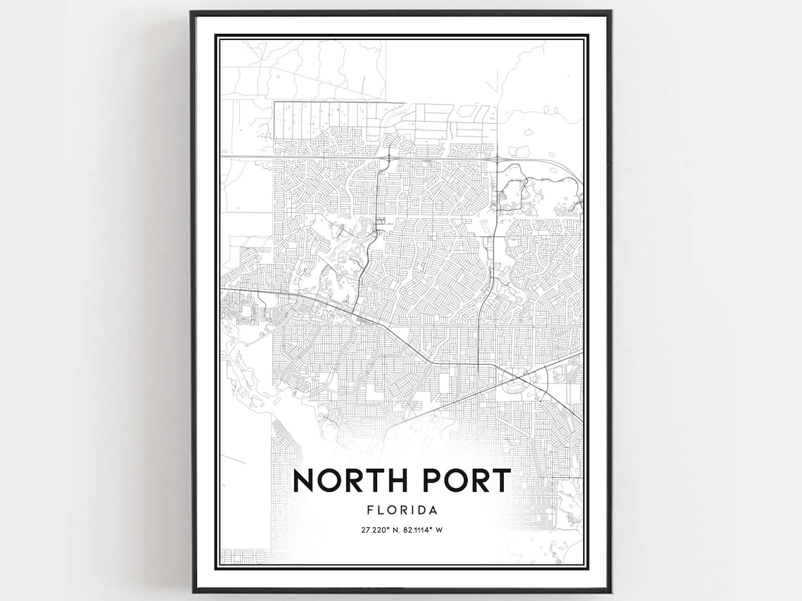 North Port Florida Minimalist Black White City Street Map Poster