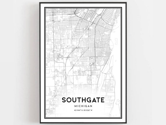 Southgate Map Print Poster Wall Art Mi City Michigan Street Decor Road Gift