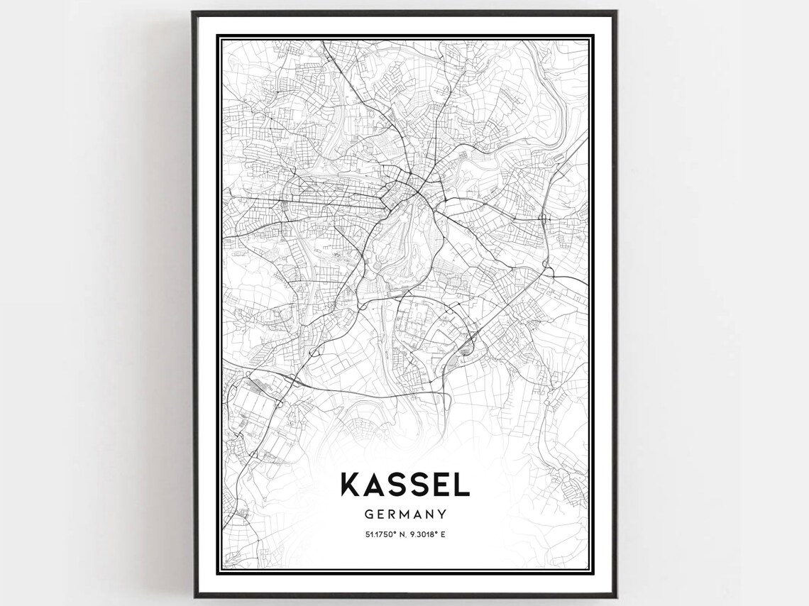 Kassel Germany City Street Map Black and White Travel Poster