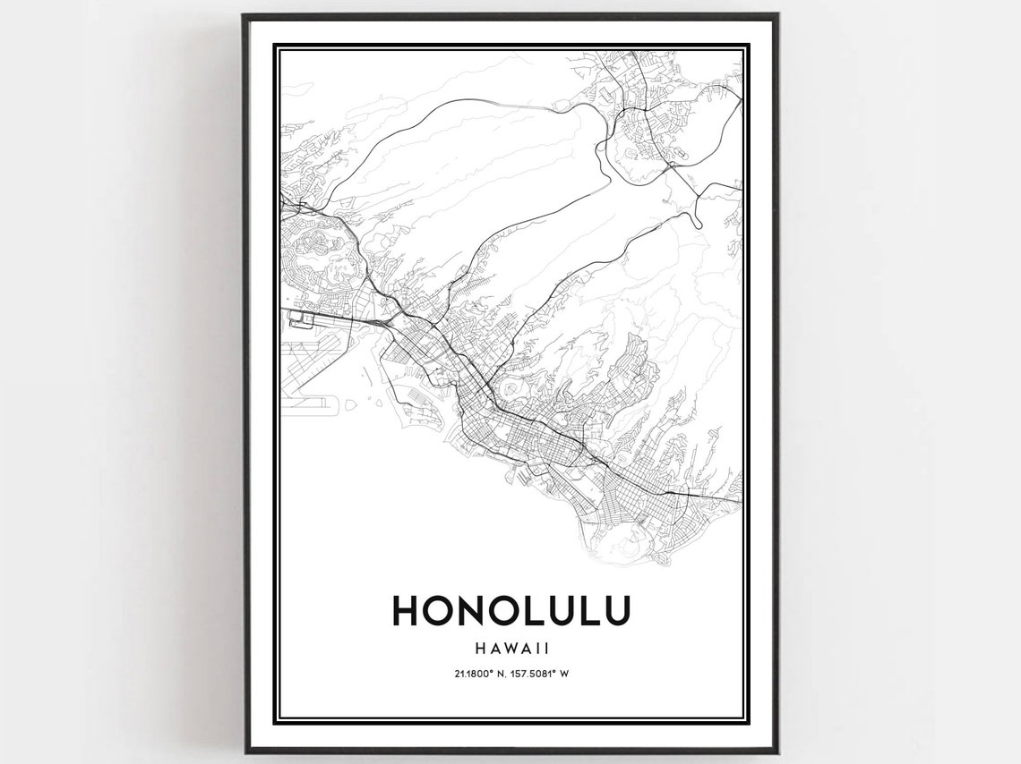 Honolulu Hawaii Minimalist City Map Poster Black White Street Decor