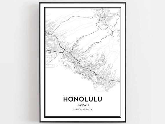Honolulu Map Print Poster Wall Art Hi City Hawaii Street Decor Road Gift B302