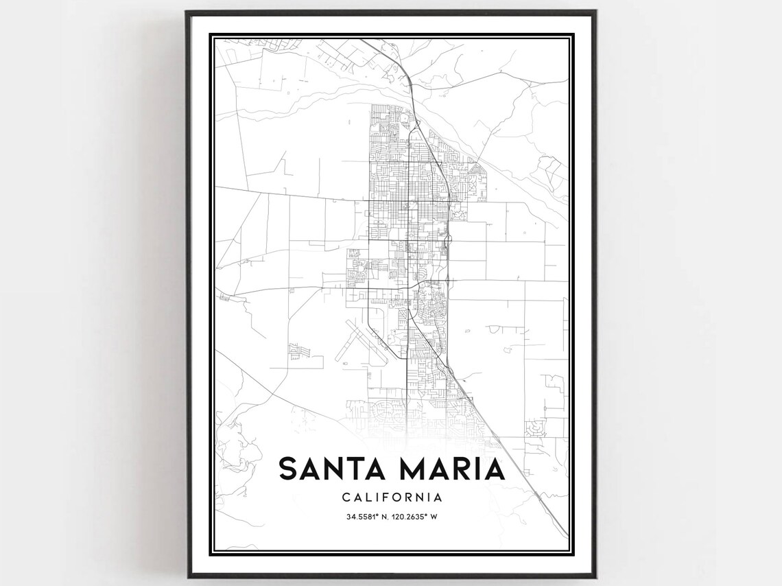 Santa Maria California Minimal Black White City Street Map Art Poster