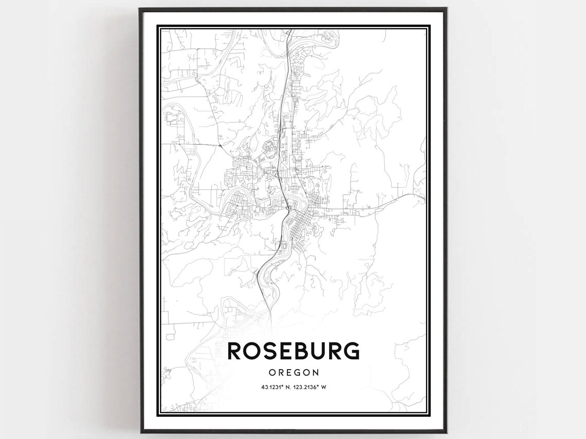 Roseburg Oregon Minimal Black And White City Map Coordinates Art Poster