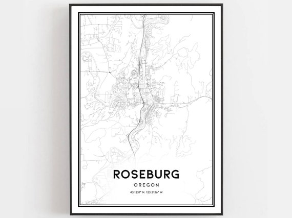 Roseburg Map Print Poster Wall Art Or City Oregon Street Decor Road Gift