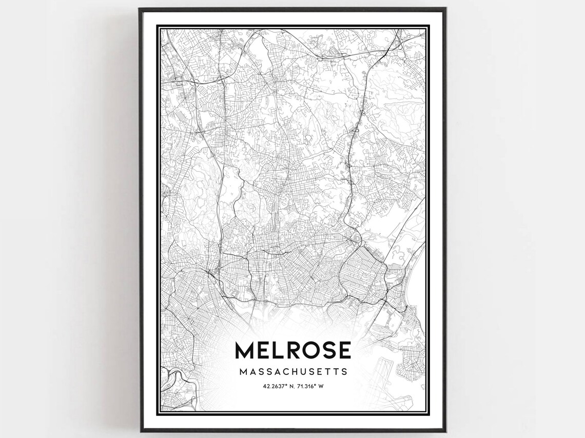 Melrose Massachusetts Minimalist City Map Poster Black White Street Decor