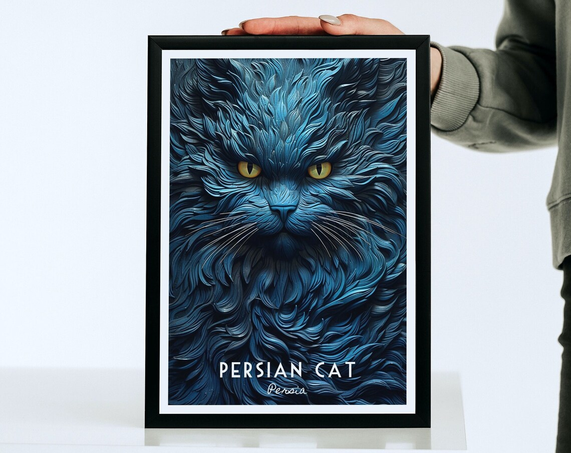 Persian Cat Deep Blue Sculpted 3D Fur Portrait Poster for Home