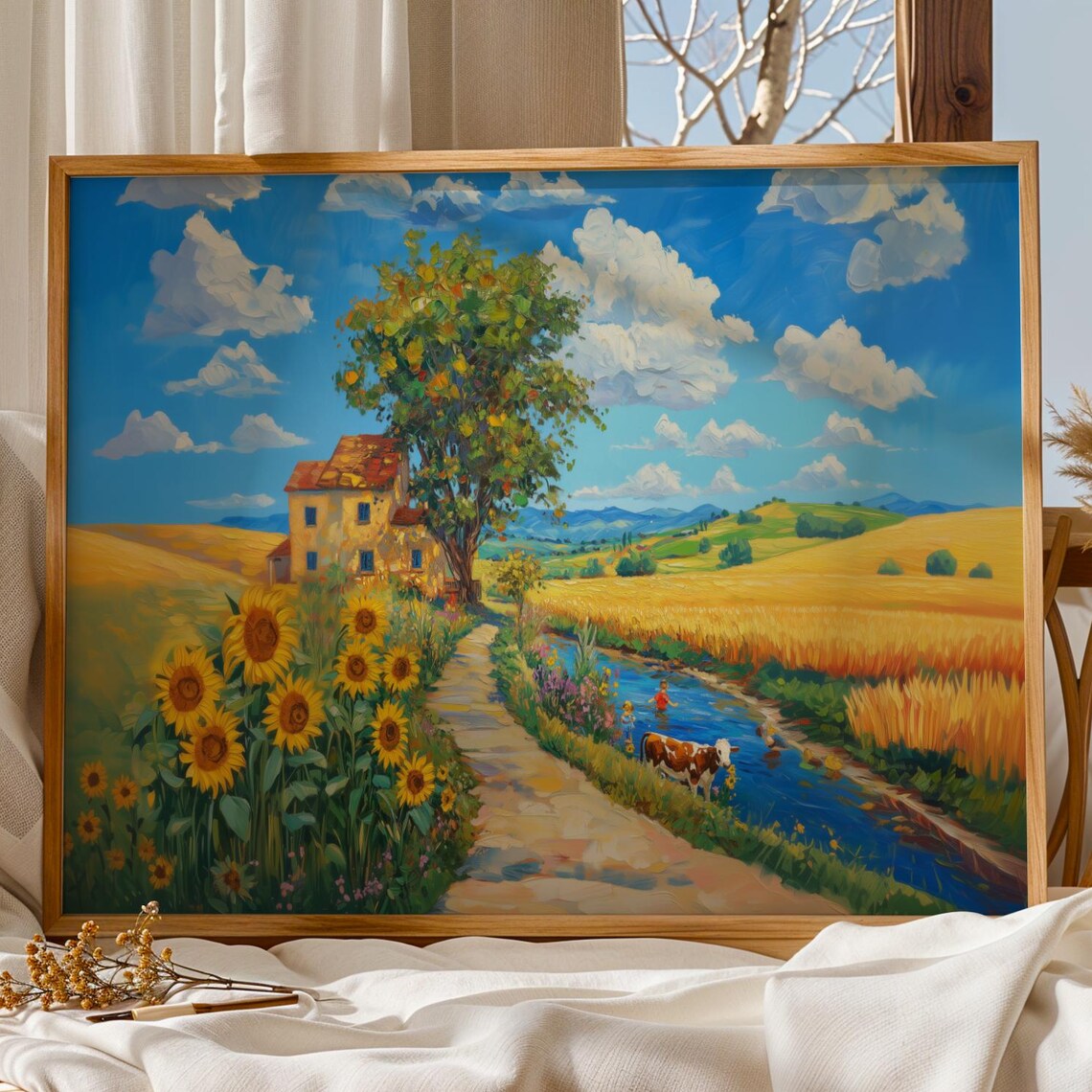 Sunflower Field Country Farmhouse Landscape Poster Cow And River Art