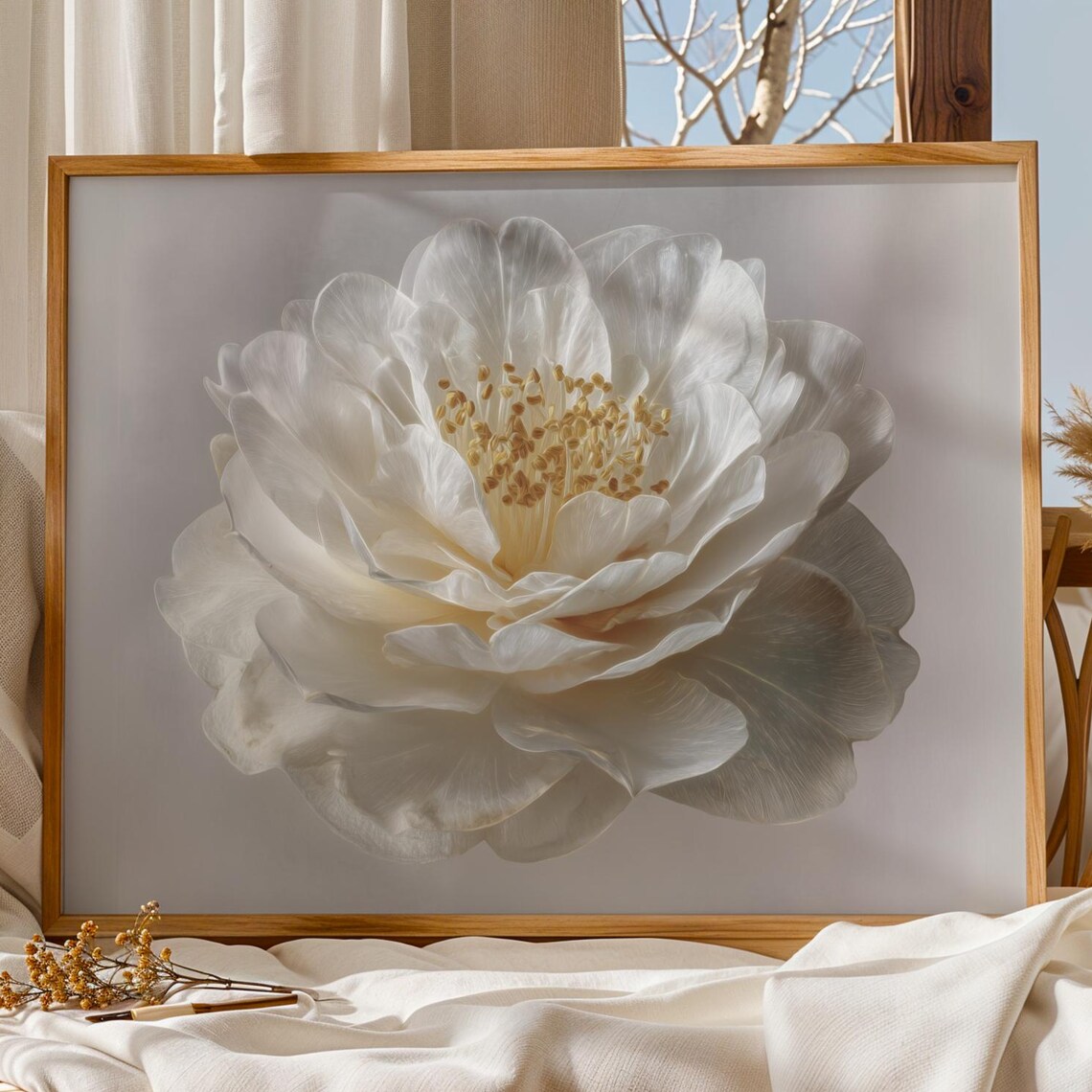 White Peony Botanical Print, Minimalist Floral Poster