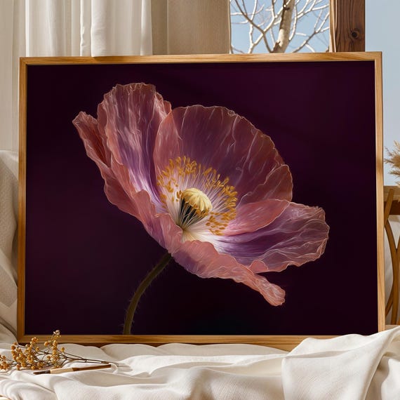 Purple Poppy Wall Art Print Moody Floral Home Decor