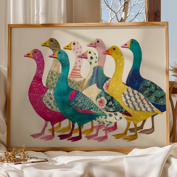 Colorful Goose Parade Art Print Whimsical Animal Wall Decor Funky Quirky Gang Poster Modern Farm