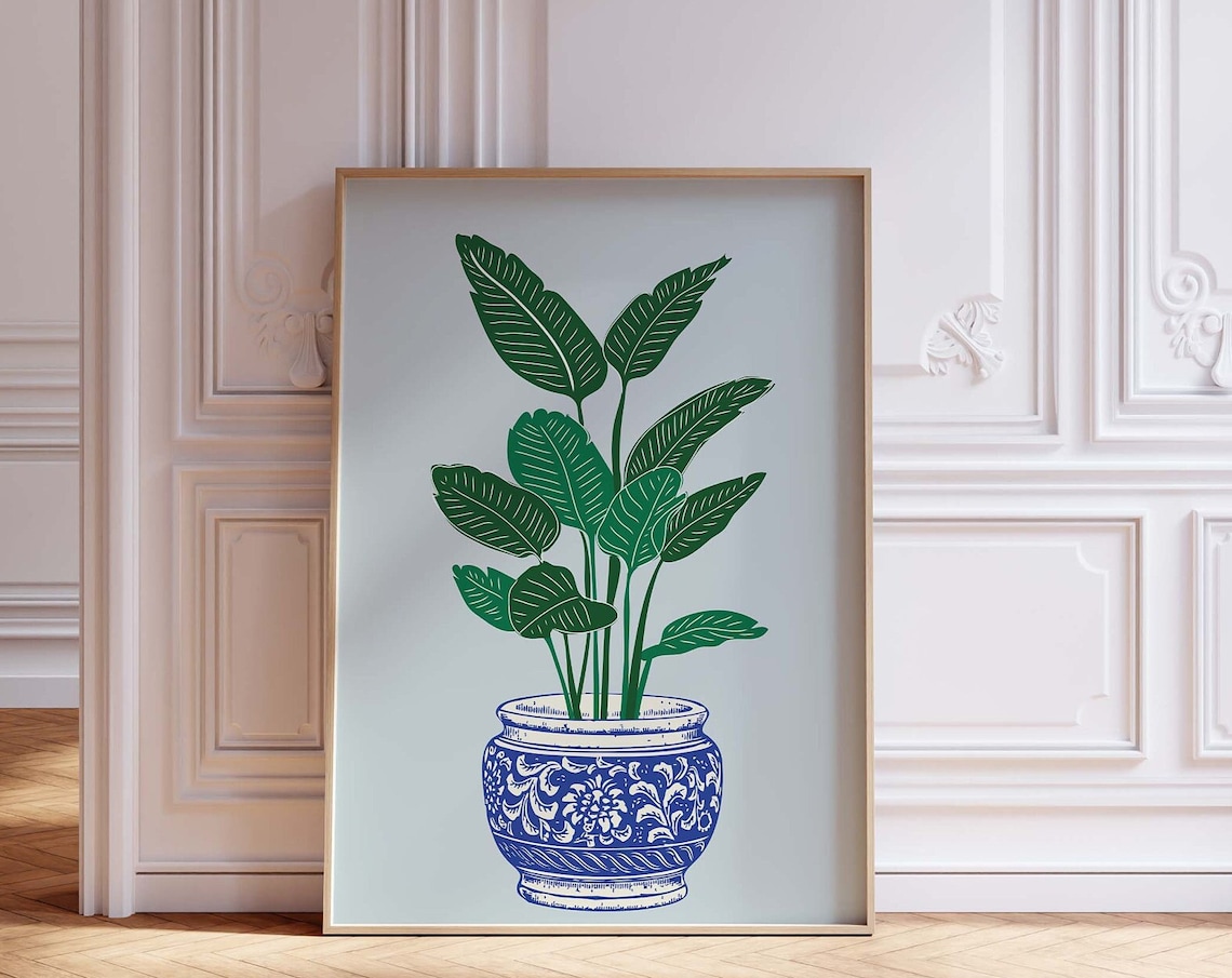 Potted Green Houseplant in Blue Chinoiserie Pot Botanical Art Print