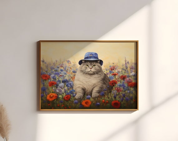 Fluffy Grey Cat In Blue Hat Among Wildflowers Whimsical Wall Art