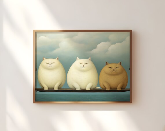 Whimsical Cat On Clouds Print Dreamy Feline Artwork Celestial Kitty Painting Wall Art For Home Decor