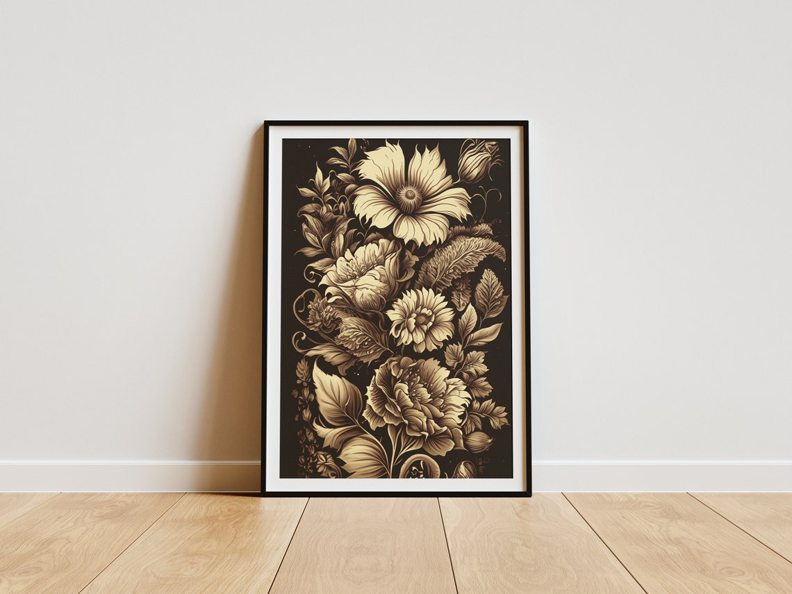 Elegant Cream Floral Artwork on Black Botanical Style Poster