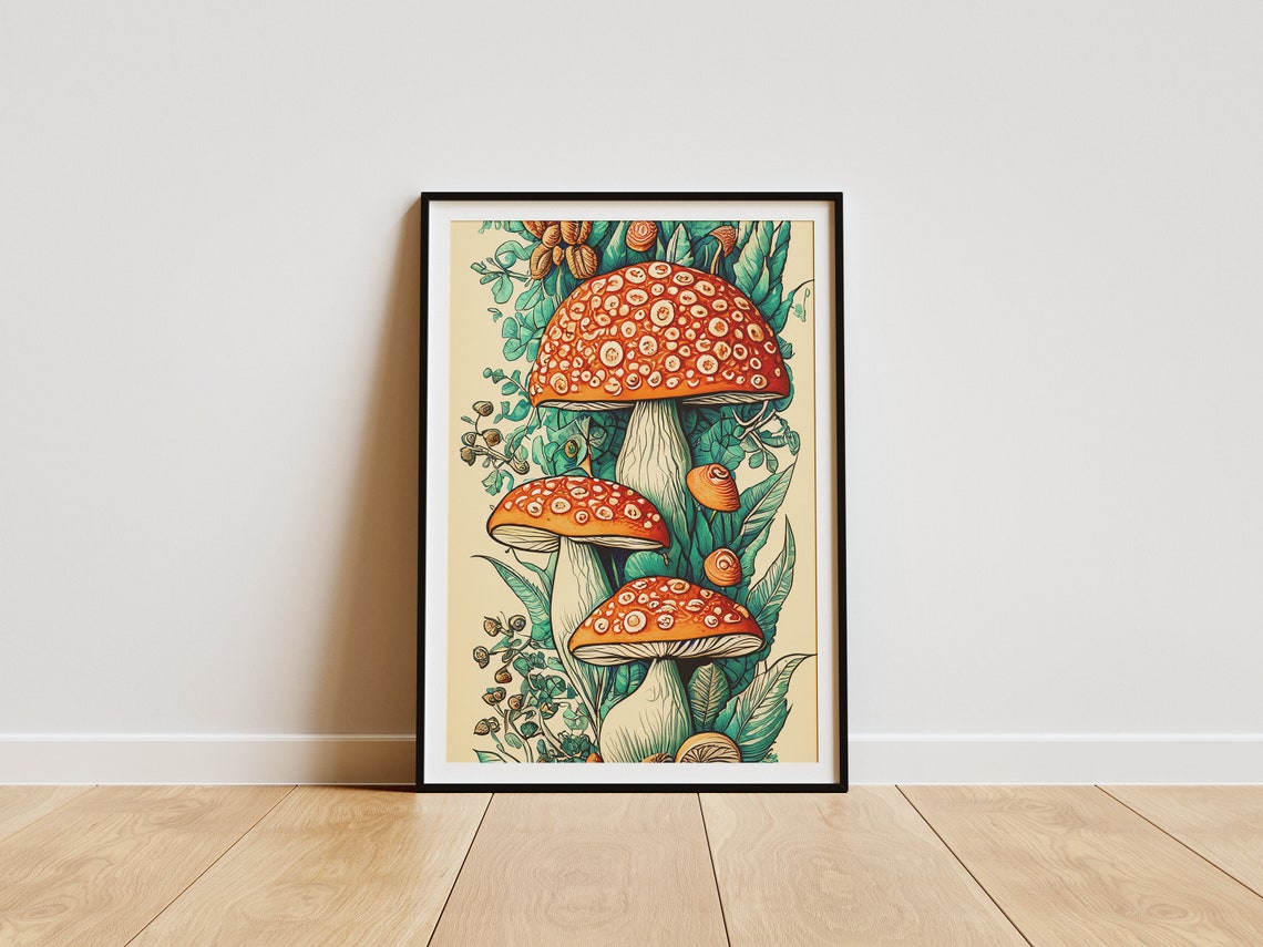 Red Fly Agaric Mushrooms Vintage Botanical Illustration Poster