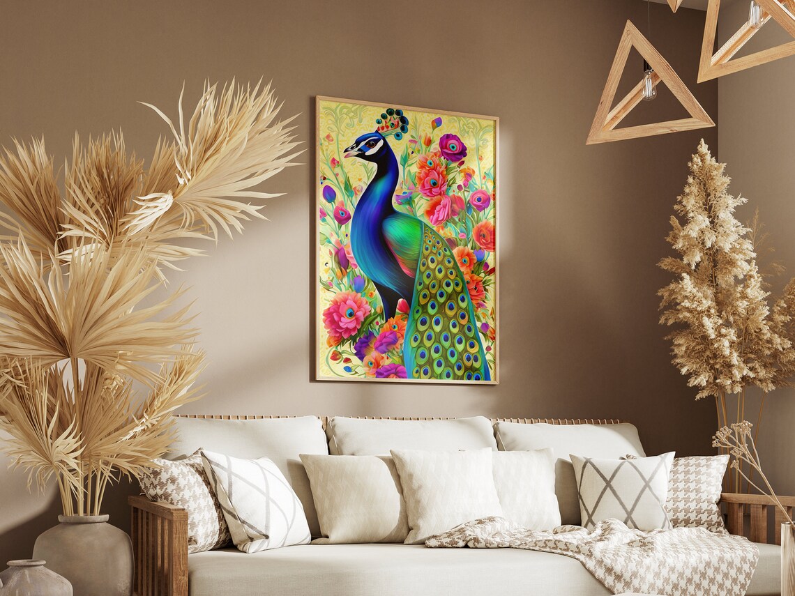 Majestic Colorful Peacock With Exotic Flowers Illustration Poster - Image 3