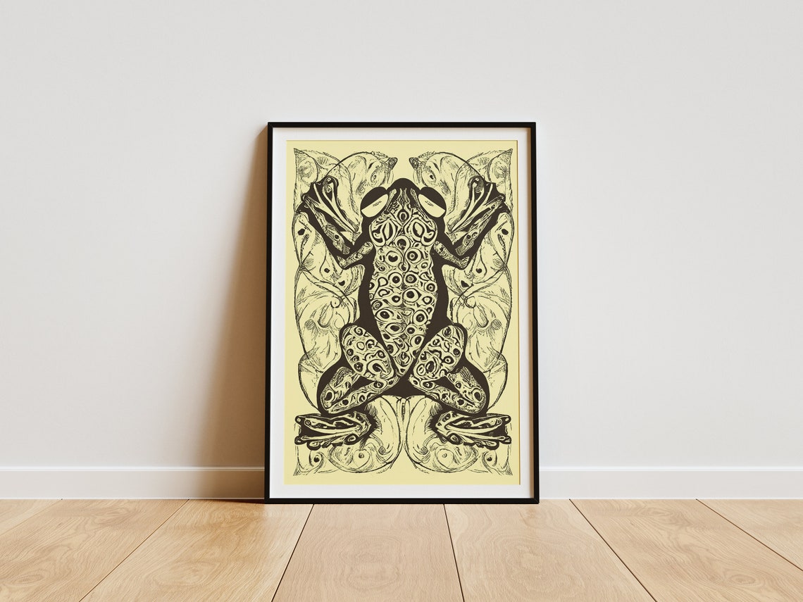Intricate Mirrored Black Frog Illustration Vintage Style Poster
